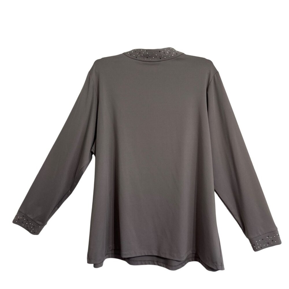 Susan Graver 2X Gray Long Sleeve Keyhole Top Embellished Collar & Cuffs Classic - Picture 3 of 16